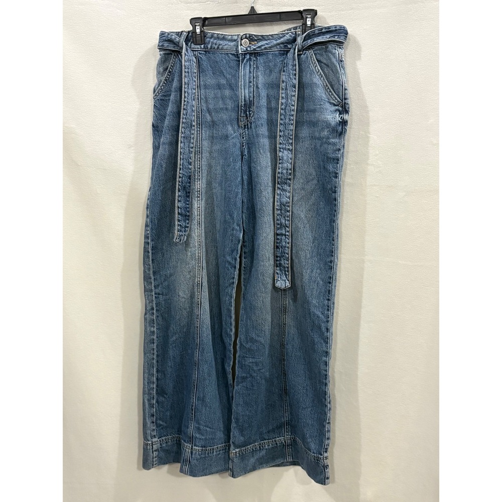 Maurices High Rise Wide Leg Jeans Medium Wash Front Seam Self Tie Belt Size 14 R
